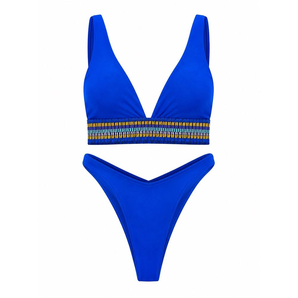 Blue V-Neck Bikini Set Size M High Cut Bottom Two Piece Swimsuit